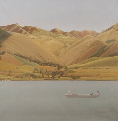 Edge of Abruzzi: Łódź z trzema osobami na jeziorze autorstwa Winifred Knights
