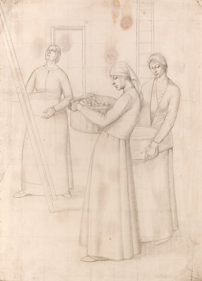 Studium do „Wzoru do dekoracji ścian” - Trzy kobiety niosące kosze z jabłkami, ok. 1918 (ołówek na papierze) autorstwa Winifred Knights