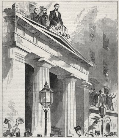 Abraham Lincoln, prezydent elekt, przemawiający do ludzi z balkonu domu Astora..., 1861. autorstwa Winslow Homer