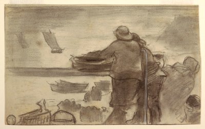 Rysunek, Plaża z łodziami i ludźmi, Cullercoats, Anglia, 1881-82 autorstwa Winslow Homer