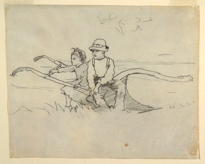 Rysunek, chłopiec i dziewczynka siedzący na pługu, 1879 r. autorstwa Winslow Homer