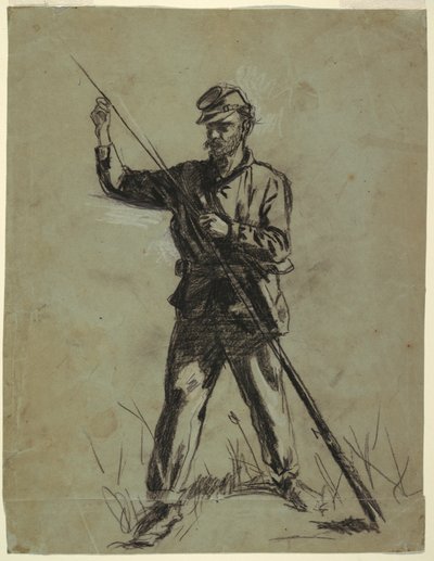 Rysunek, żołnierz kawalerii ładujący karabin, 1863-64 autorstwa Winslow Homer