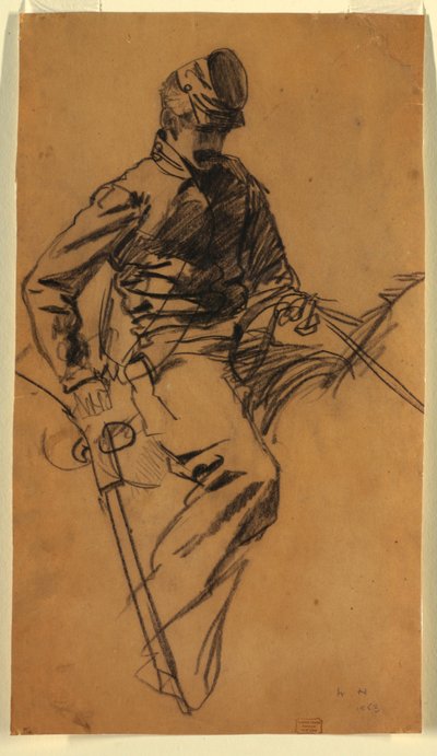 Rysunek, żołnierz kawalerii na koniu, 1863 r. autorstwa Winslow Homer