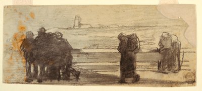 Rysunek, postacie z widokiem na zatokę i mała łódź, Cullercoats, Anglia, 1881-82 autorstwa Winslow Homer