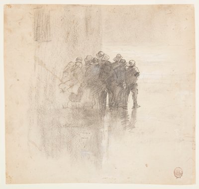 Rysunek, rybacy w skórach olejowych, Cullercoats, Anglia, 1881 r. autorstwa Winslow Homer
