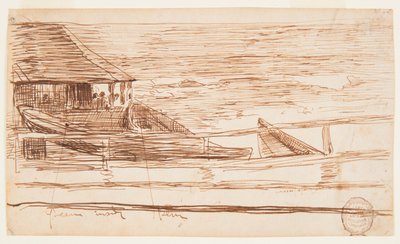 Rysunek, Dom przy balustradzie z kutrami, Cullercoats, Anglia, 1881 r. autorstwa Winslow Homer