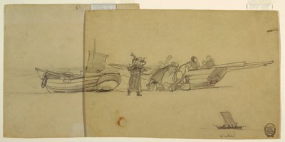 Rysunek, mężczyźni i kobiety rozładowujący kuter rybacki, Cullercoats, Anglia, 1881-82 r. autorstwa Winslow Homer