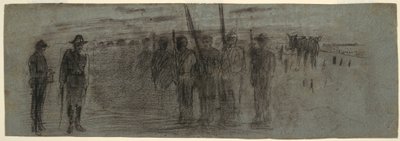 Rysunek, oficer i adiutant dokonujący inspekcji eskadry, prawdopodobnie 1864 r. autorstwa Winslow Homer