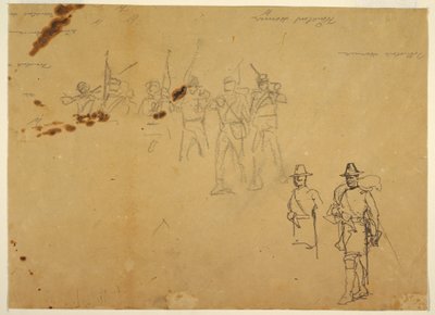 Rysunek, szkice pojedynczych postaci piechoty i podpisy ćwiczebne, 1862 r. autorstwa Winslow Homer