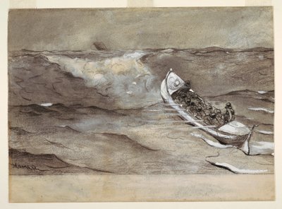 Rysunek "Łódź ratunkowa", studium do akwareli "Wrak "Żelaznej korony"", 1881 r. autorstwa Winslow Homer