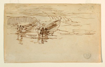 Rysunek przedstawiający wodowanie dwóch pontonów, Anglia, 1881 r. autorstwa Winslow Homer