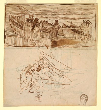 Rysunek, Dwa studia kobiet obserwujących wodowanie pontonów, Cullercoats, Anglia, 1881 r. autorstwa Winslow Homer