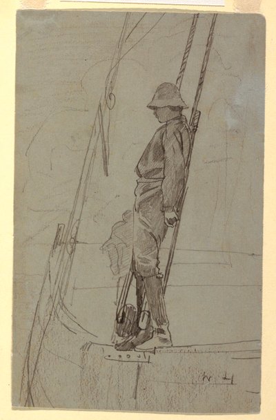 Rysunek przedstawiający młodego mężczyznę opierającego się o olinowanie żaglówki, prawdopodobnie 1861-62 r. autorstwa Winslow Homer