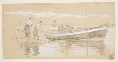 Rybak i kobiety chowające sieci w wyrzuconej na brzeg dory, Cullercoats, Anglia autorstwa Winslow Homer
