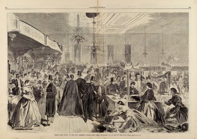 Wielki kiermasz zorganizowany w City Assembly Rooms, Nowy Jork, grudzień 1861 r., na rzecz miejskich ubogich, z Harper