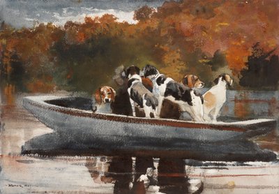 Psy myśliwskie w łodzi (w oczekiwaniu na start) autorstwa Winslow Homer