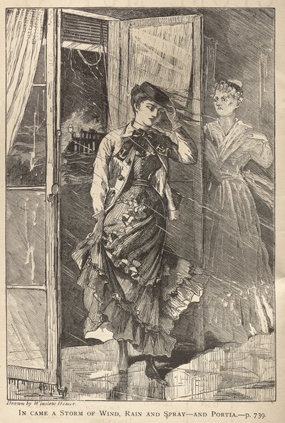 Nadeszła burza z wiatrem, deszczem i sprayem - i Portia autorstwa Winslow Homer