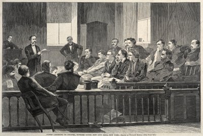 Jurorzy słuchają radcy sądu najwyższego, New City Hall, Nowy Jork, 1869. autorstwa Winslow Homer