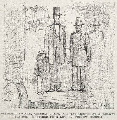 Prezydent Lincoln, generał Grant i Tad Lincoln na stacji kolejowej autorstwa Winslow Homer