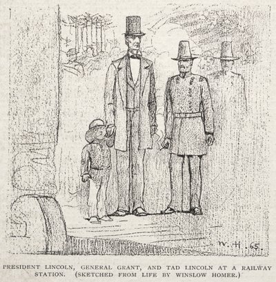 Prezydent Lincoln, generał Grant i Tad Lincoln na stacji kolejowej, 1887. autorstwa Winslow Homer