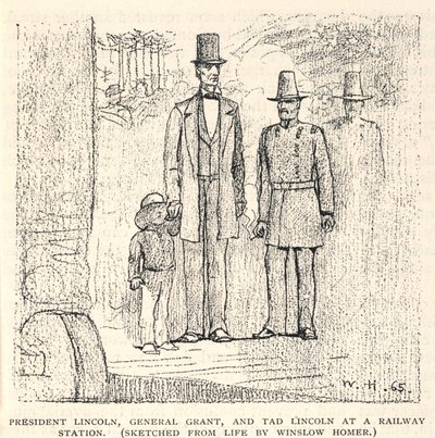 Prezydent Lincoln, generał Grant i Tad Lincoln na stacji kolejowej, z The Century Magazine, listopad 1887 r. autorstwa Winslow Homer