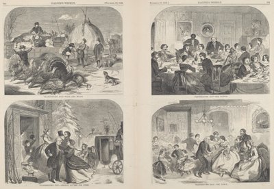 Święto Dziękczynienia - sposoby i środki [u góry po lewej], publikacja 1858. autorstwa Winslow Homer