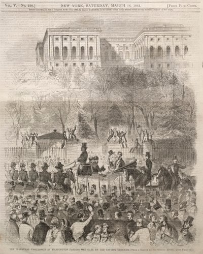 Procesja inauguracyjna w Waszyngtonie przechodząca przez bramę terenów stołecznych, 1861. autorstwa Winslow Homer