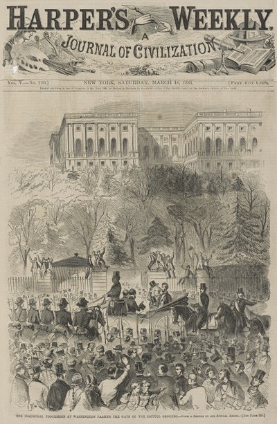 Procesja inauguracyjna w Waszyngtonie przechodząca przez bramę Kapitolu (ze szkicu naszego specjalnego artysty), 1861 (drzeworyt) autorstwa Winslow Homer