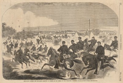 Kawaleria i artyleria Unii rozpoczynają pościg za rebeliantami drogą Yorktown Turnpike, z Harper