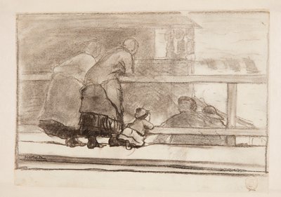 Dwie kobiety i dziecko w kolejce, z widokiem na plażę w Tynemouth autorstwa Winslow Homer