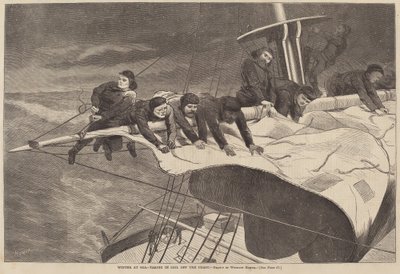 Zima na morzu - biorąc żagle z wybrzeża, opublikowana w 1869 r. autorstwa Winslow Homer