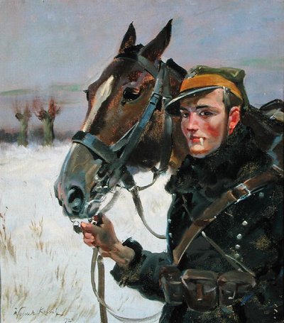 Żołnierz z koniem autorstwa Wojciech Kossak