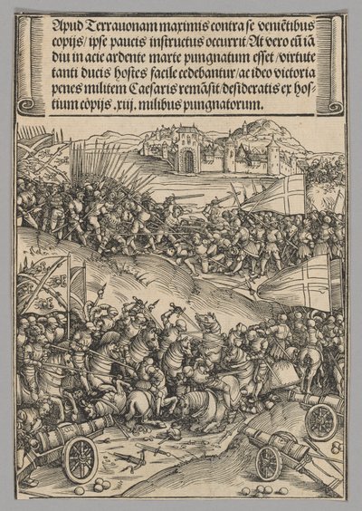 Bitwa pod Guinegate, płyta 4 z historycznych scen z życia cesarza Maksymiliana I z łuku triumfalnego autorstwa Wolf Traut