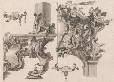 Propozycja dekoracji prawego dolnego i prawego górnego obramowania ołtarza..., druk. 1750-56. autorstwa Wolffgang Christoph Mayr