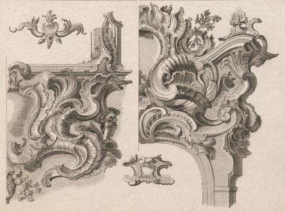 Propozycja dekoracji prawego dolnego i prawego górnego obramowania ołtarza..., druk. 1750-56. autorstwa Wolffgang Christoph Mayr