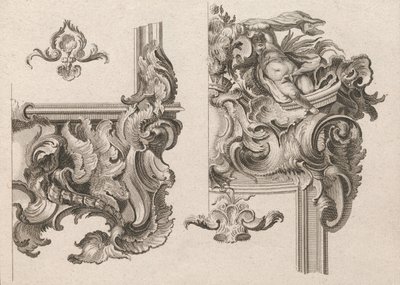 Propozycja dekoracji prawego dolnego i prawego górnego obramowania ołtarza..., druk. 1750-56. autorstwa Wolffgang Christoph Mayr