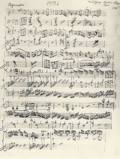 Początek Sonaty fortepianowej a-moll. KV310. Autograf. 1778 autorstwa Wolfgang Amadeus Mozart