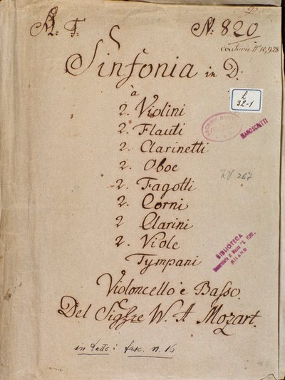 Pierwsza strona nut do IV Symfonii D Mozarta autorstwa Wolfgang Amadeus Mozart