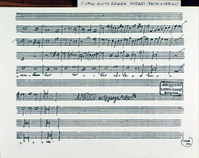 Strona z nutami do Querite primum regnum dei Mozarta do tytułu Accademia Filarmonico, poprawiona wersja o. Martini (1770) autorstwa Wolfgang Amadeus Mozart