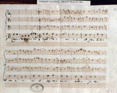 Strona z nutami Szukaj pierwszego królestwa Bożego Mozarta, aby uzyskać tytuł Accademico filarmonico (1770) autorstwa Wolfgang Amadeus Mozart