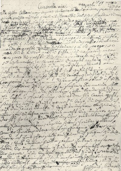 Wolfgang Amadeus Mozart (1756-1791) kompozytor austriacki. Odręcznie napisany list do siostry Nannerl. Neapol 19 marca 1770 autorstwa Wolfgang Amadeus Mozart