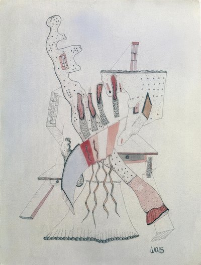 Postać opierająca się o dwa stoły autorstwa Wols