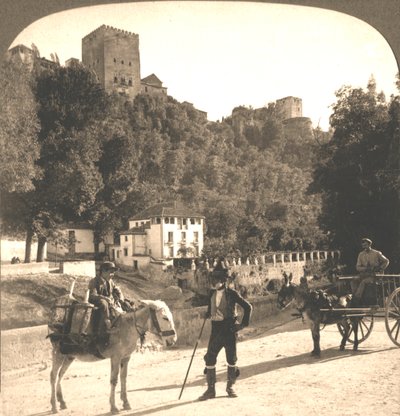 Mury i wieże Alhambry, Granada, Hiszpania, 1896 r. autorstwa Works and Sun Sculpture Studios