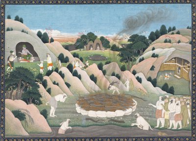 Stos pogrzebowy Małpiego Króla Valiego: Ilustrowane folio z rozproszonej serii Ramajany, ca. 1780. autorstwa Workshop active in the First generation