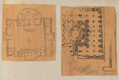 Strona z albumu z rysunkami i kilkoma rycinami architektury, Int..., ca. 1800-1850. Twórcy: Warsztat Charlesa Perciera, Warsztat Pierre