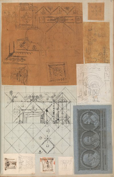 Strona z albumu z rysunkami i kilkoma rycinami architektury, Int..., ca. 1800-1850. Twórcy: Warsztat Charlesa Perciera, Warsztat Pierre