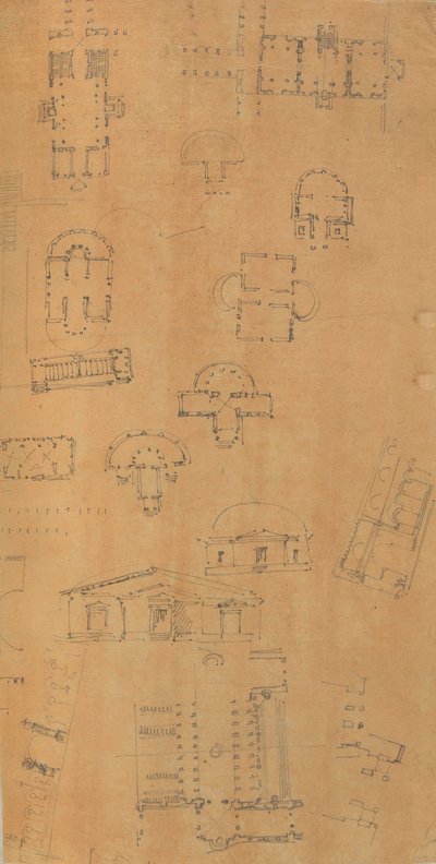 Strona z albumu z rysunkami i kilkoma rycinami architektury, Int..., ca. 1800-1850. Twórcy: Warsztat Charlesa Perciera, Warsztat Pierre