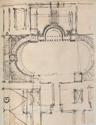 Strona z albumu z rysunkami i kilkoma rycinami architektury, Int..., ca. 1800-1850. Twórcy: Warsztat Charlesa Perciera, Warsztat Pierre