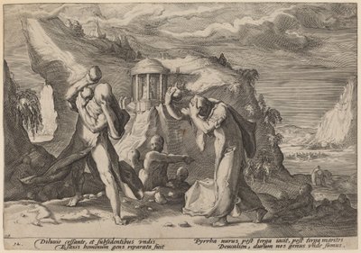 Deucalion i Pyrra zaludniają Ziemię autorstwa Workshop of Hendrick Goltzius, after Hendrick Goltzius