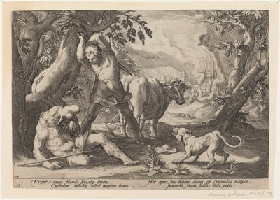 Krajobraz z Merkurym unoszącym miecz, by zabić śpiącego Argusa autorstwa Workshop of Hendrick Goltzius, after Hendrick Goltzius